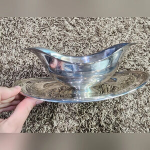 Silver Plate Gravy Sauce Bowl with Attached Plate Academy Silver On Copper